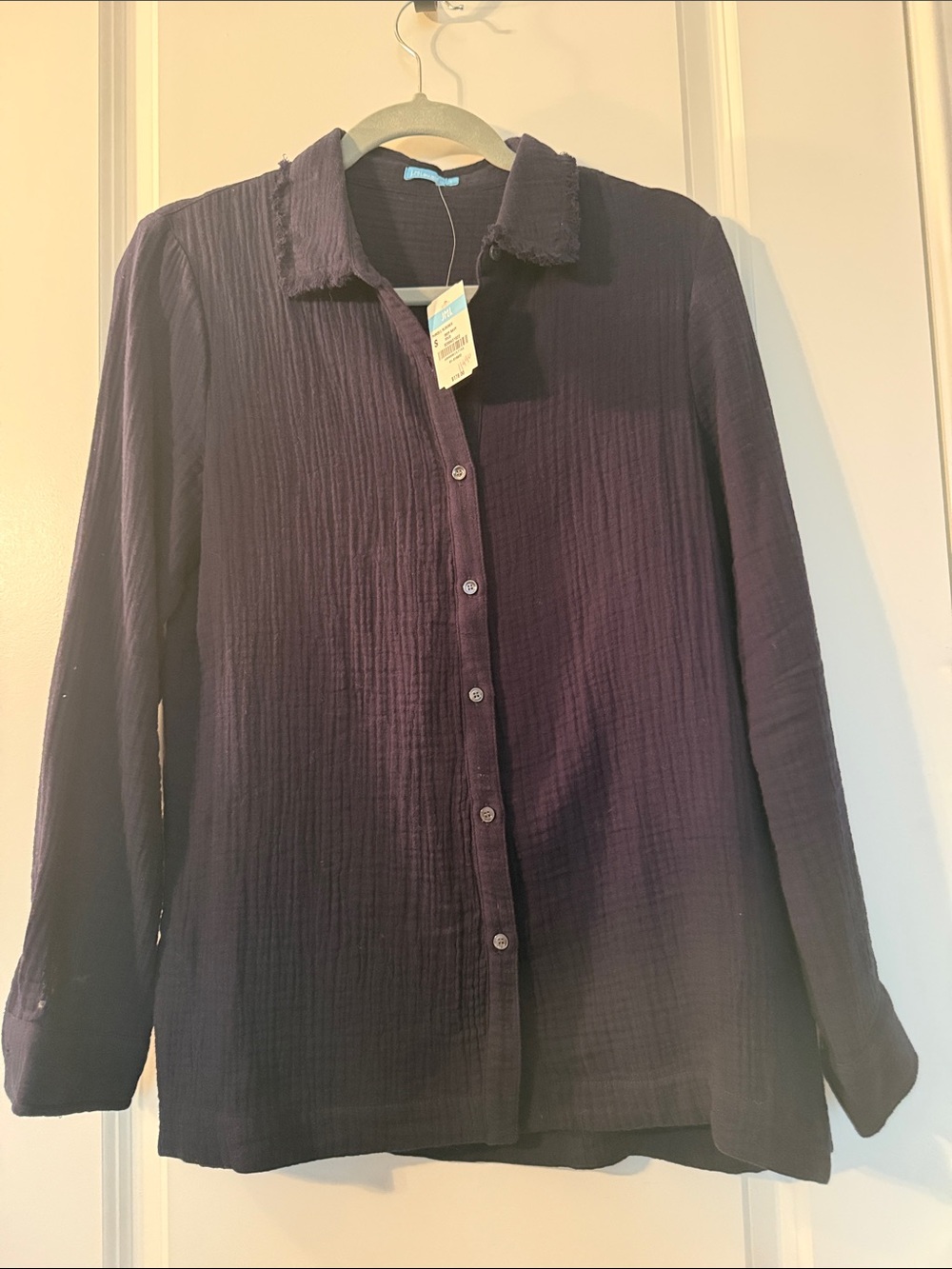 J McLaughlin Navy Gauze Button Front Textured Long Sleeve Shirt Sz S